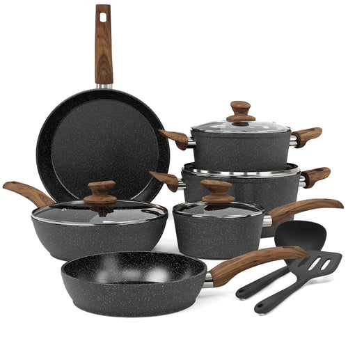 Kitchen Academy Induktion Kochtöpfe Set Granit 12-tlg. Schwarz. Runde, schwarze Töpfe mit Granitoptik. Zum Kochen auf Induktionsherden.