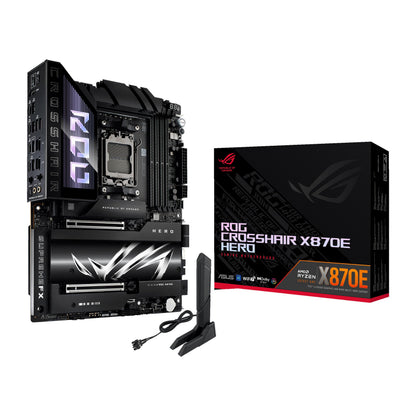 ASUS ROG CROSSHAIR X870E HERO Mainboard Sockel AM5: Dunkles ATX-Board mit AM5-Sockel, VRM-Kühlkörpern, PCIe-Slots. Verbindet PC-Komponenten.