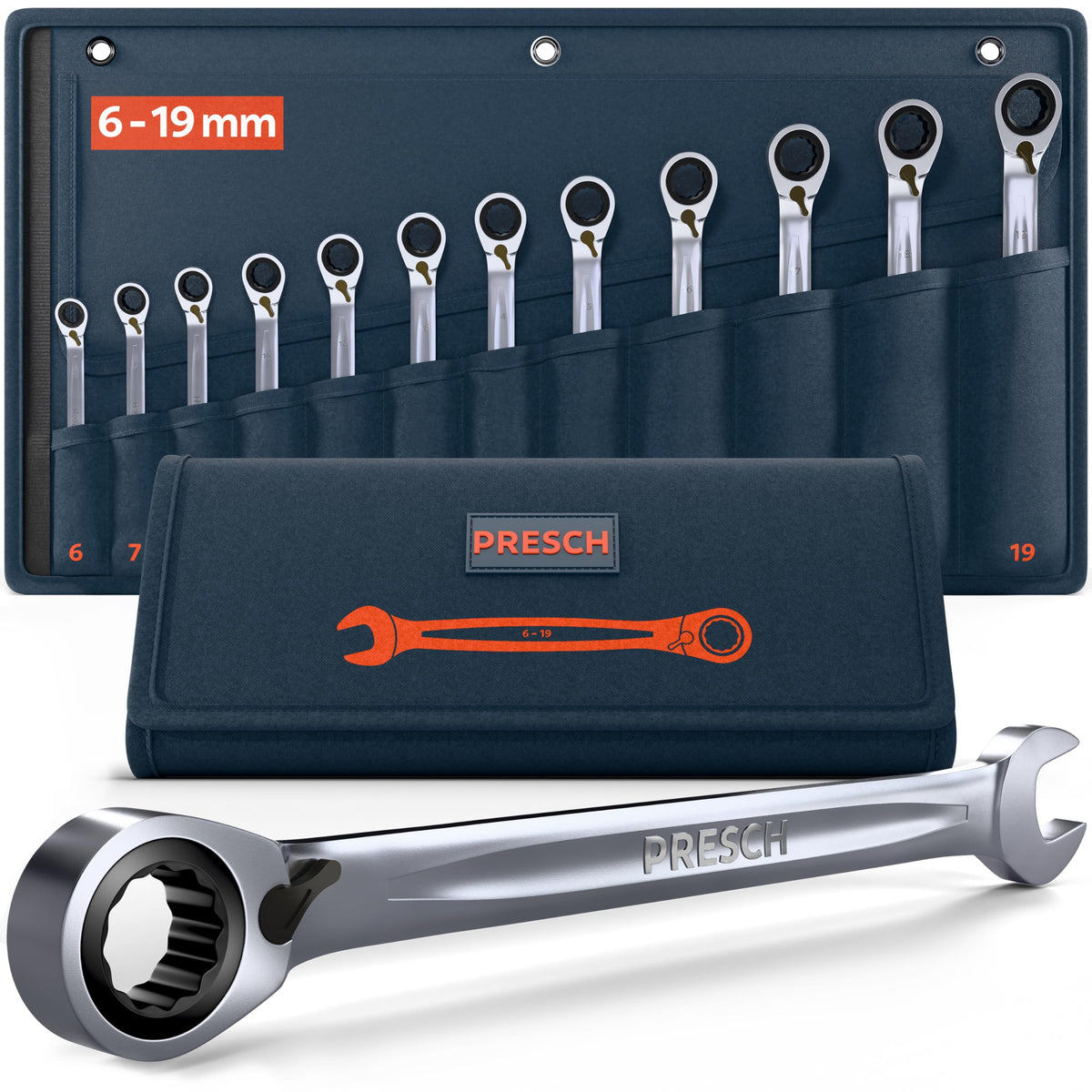 PRESCH Ringratschenschlüssel-Set 12-teilig, 6-19 mm, umschaltbar mit Aufbewahrungstasche