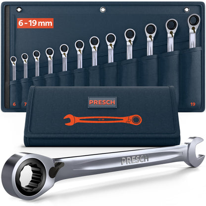 PRESCH Ringratschenschlüssel-Set 12-teilig, 6-19 mm, umschaltbar mit Aufbewahrungstasche