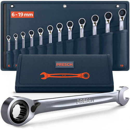 PRESCH Ringratschenschlüssel-Set 12-teilig, 6-19 mm, umschaltbar mit Aufbewahrungstasche