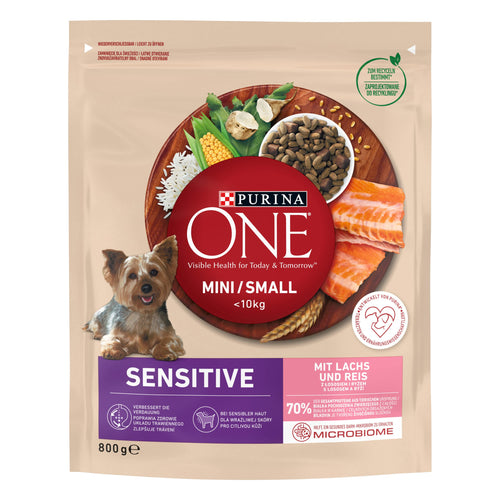 PURINA ONE Mini Delicate Hundefutter trocken Lachs & Reis 8 x 800 g – Trockenfutter für kleine Hunde