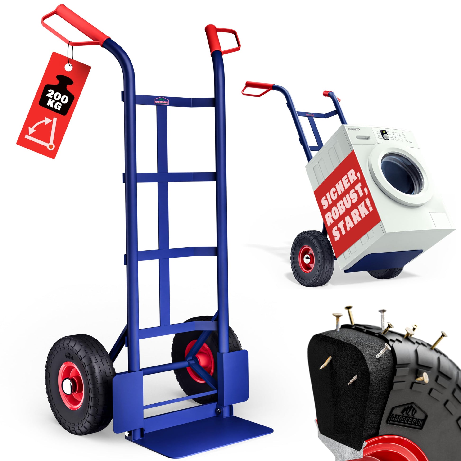 GARDEBRUK® Schwerlast Sackkarre klappbar 200kg – PU-Reifen. Klappbare Sackkarre mit PU-Reifen für den Transport schwerer Lasten.