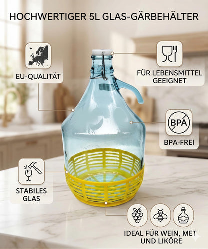 lilawelt24 Gärballon 5L aus Glas mit Bügelverschluss und Korb, 6er-Set