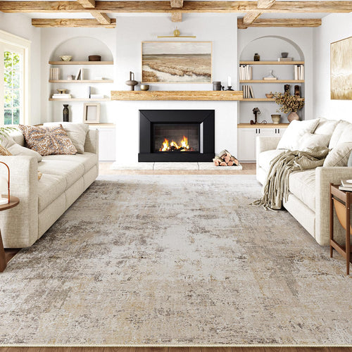 HUGEAR Teppich Wohnzimmer 240 x 300 cm, Beige Grau, waschbar, Kurzflor mit abstraktem Muster und rutschfester Unterseite