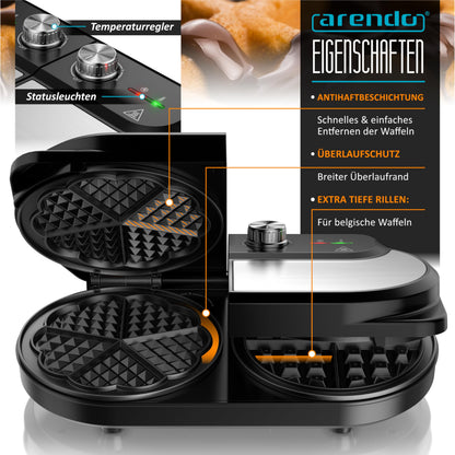 Arendo Doppel-Waffeleisen Belgische Waffel und Herzform, 1400 W