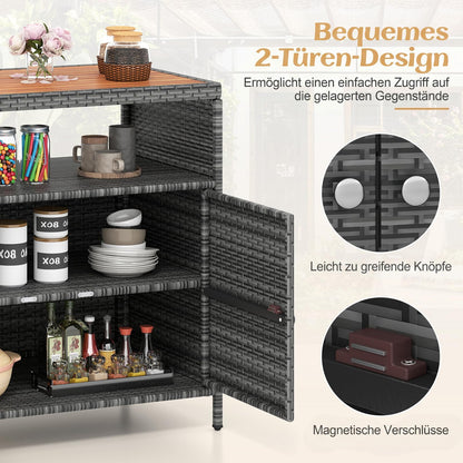 COSTWAY Gartenschrank Rattan mit Akazienholz-Arbeitsplatte, Grau