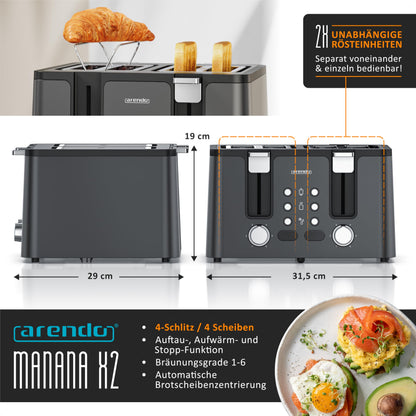 Arendo MANANA X2 Toaster 4 Scheiben Edelstahl mit Brötchenaufsatz