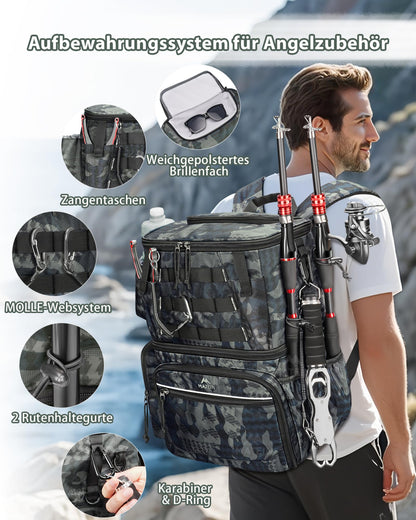 MATEIN Angelrucksack mit 4 Köderboxen, Rutenhalter und Kühlfach