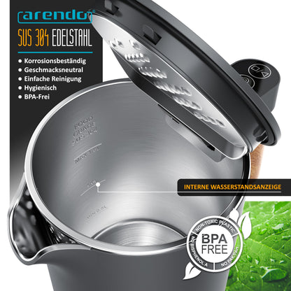 Arendo Wasserkocher Edelstahl mit Temperatureinstellung 1,5 L schwarz
