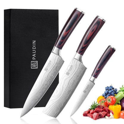 PAUDIN Küchen Messerset 3-tlg - Carbon Edelstahl Pakkaholz. Scharfe Messer zum präzisen Schneiden von Speisen.