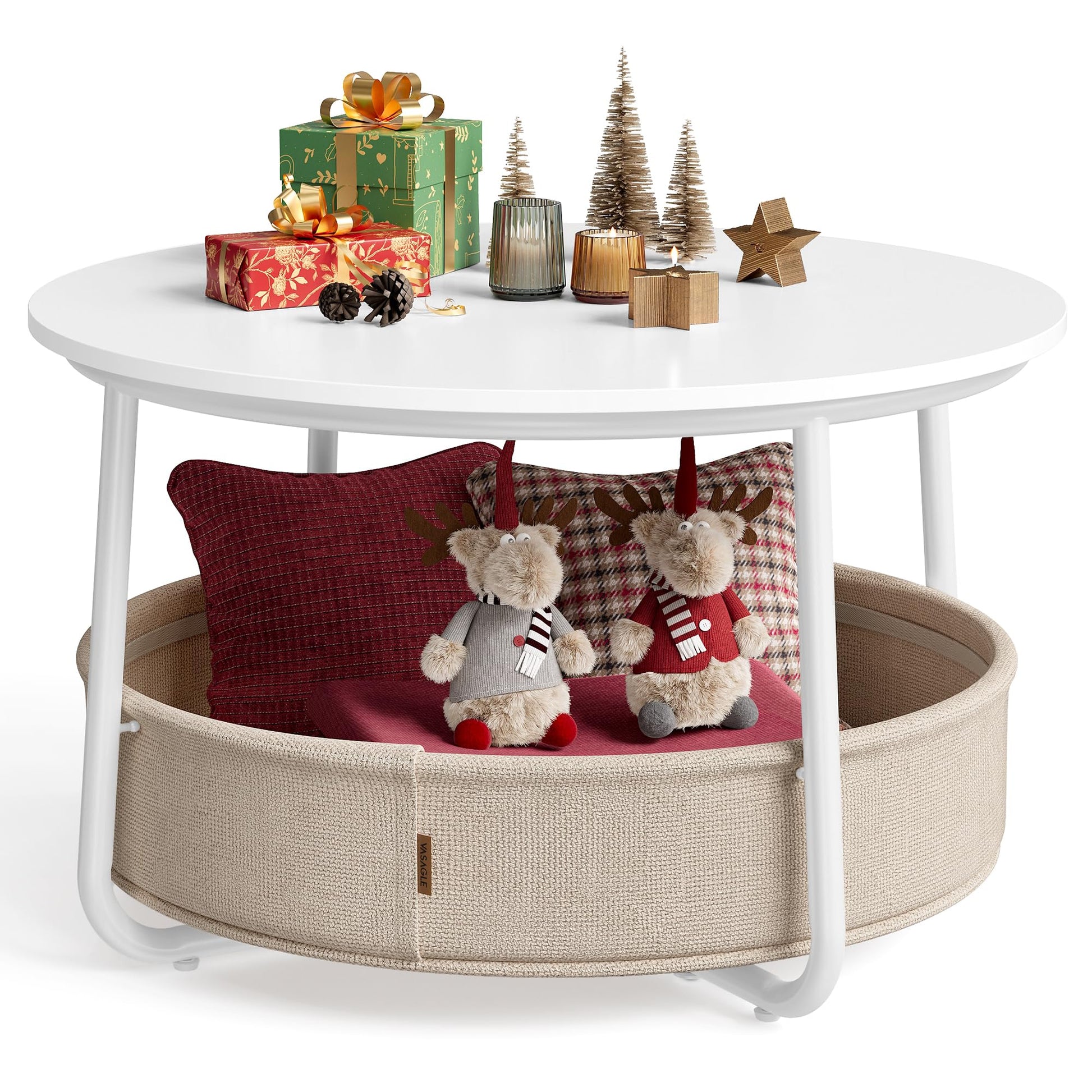 VASAGLE Couchtisch Rund mit Stauraum - Mattweiss-Kamelbraun LCT244W10. Rund, weiß-braun, dient als Ablage mit Staufach.