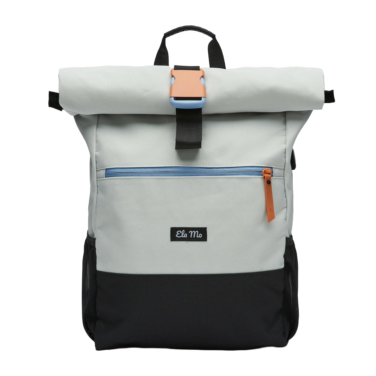 Ela Mo Rolltop Rucksack Damen mit Laptopfach, Lightgrey Orange Pop – hellgrau mit orangefarbenen Akzenten