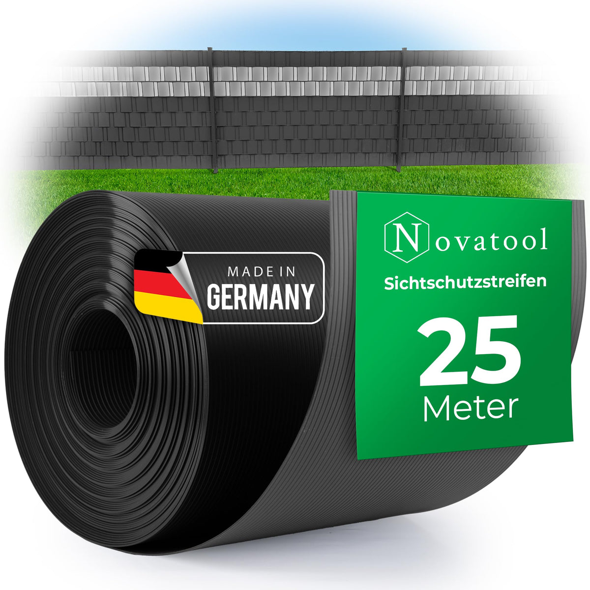 Novatool Sichtschutzstreifen PP 25 m Anthrazit für Doppelstabmatten, Rolle mit Rillenstruktur