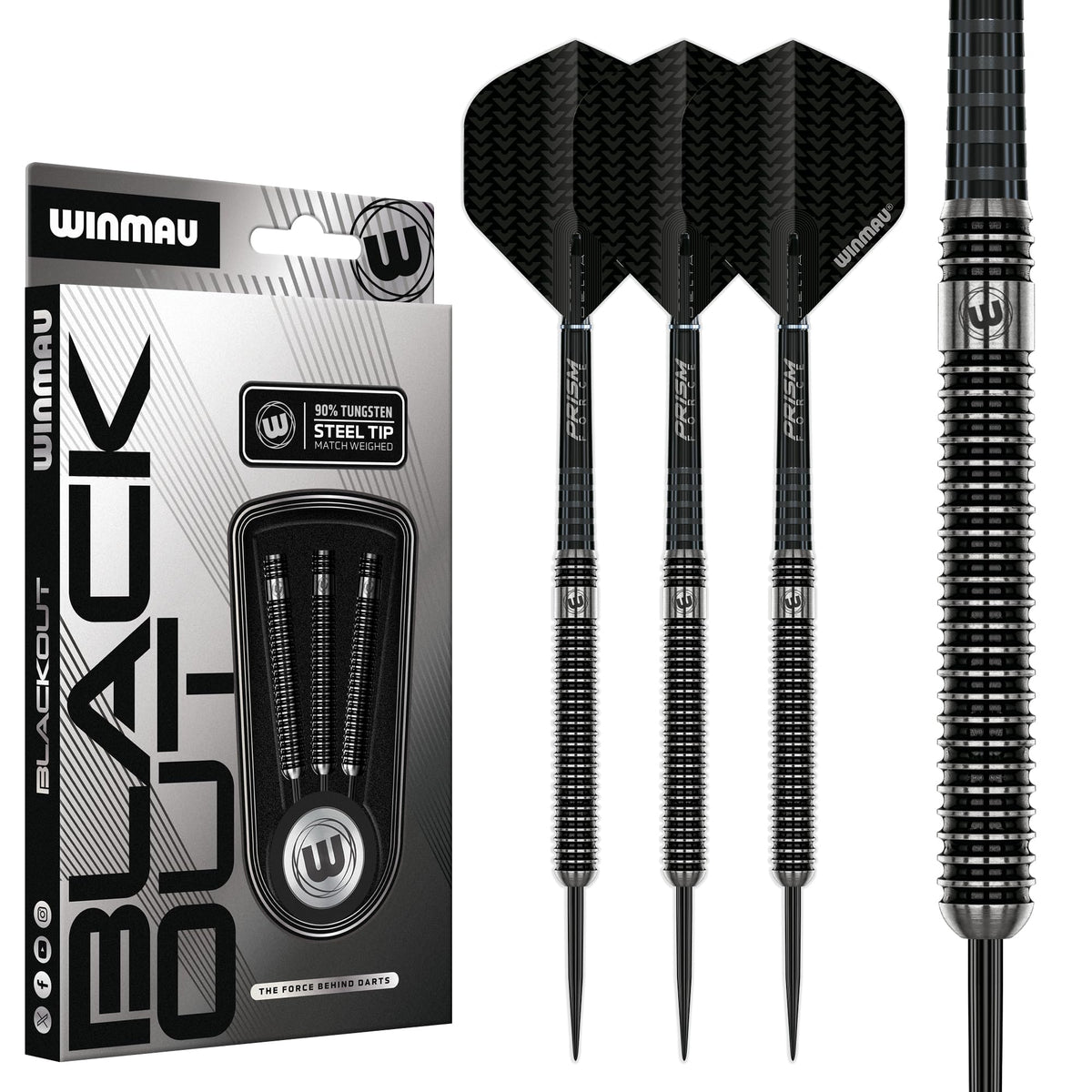WINMAU Blackout Steeldartpfeile 23g Parallel, 90 % Tungsten – schwarze Ringgrip-Barrels mit Stahlspitze
