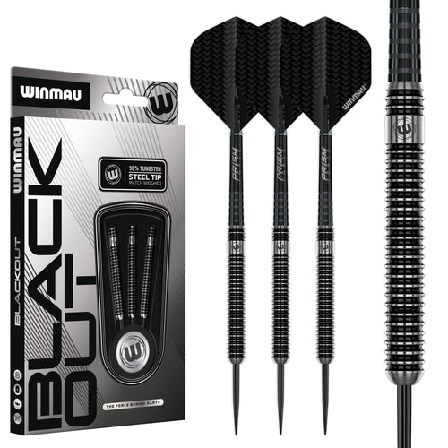 WINMAU Blackout Steeldartpfeile 23g Parallel, 90 % Tungsten – schwarze Ringgrip-Barrels mit Stahlspitze
