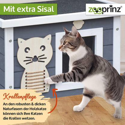 zooprinz Katzenhaus aus Holz wetterfest mit Klappdach Grau-Weiss