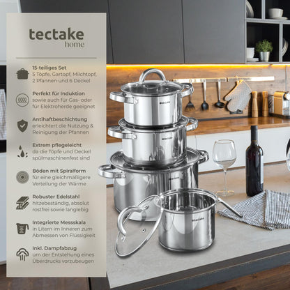 tectake® 15-tlg. Topfset – Edelstahl Küchenset