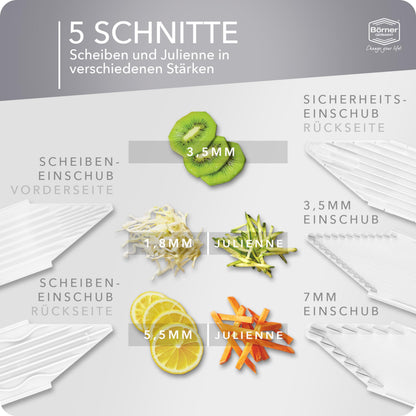Börner Gemüsehobel V1 Starter Set – V-Hobel mit 4 Einsätzen, Weiss