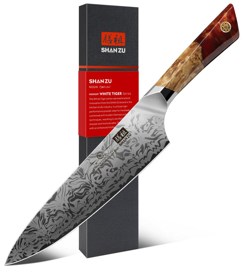 SHAN ZU Japanisches Damastmesser SG2 Kochmesser – WHITE TIGER 20cm. Damastklinge, weißer Griff. Zum präzisen Zerteilen.