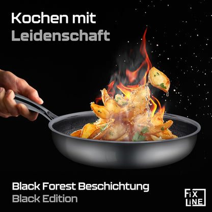 FIXLINE® Black Forest Bratpfanne 28cm - kratzfeste Antihaftbeschichtung ohne PFAS- hoher Rand 6,5cm - alle Herdarten inkl. Induktion - Backofen geeignet bis 230°C - Perfekte Geschenkidee