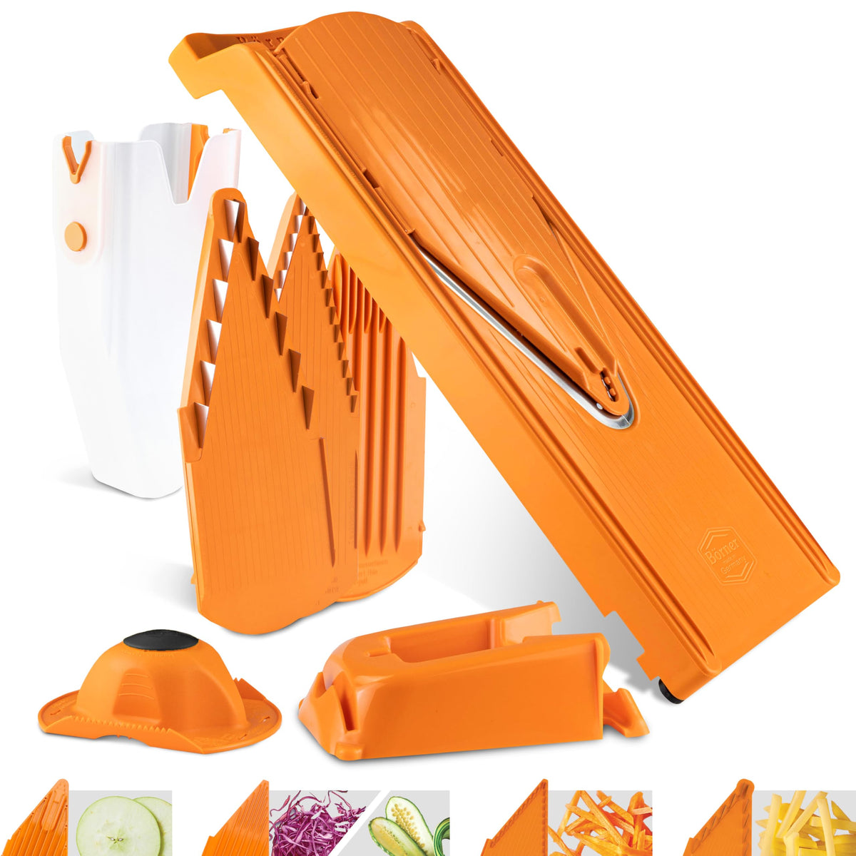 Börner Gemüsehobel V3 Gemüseschneider - Profi Set Orange. V-Hobel für präzise Scheiben, Stifte und Würfel.