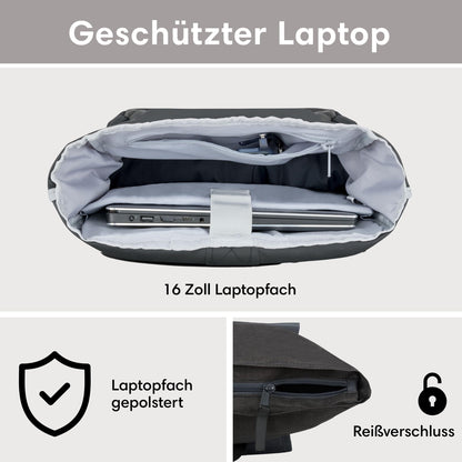 LARKSON No 4 Rolltop Rucksack Schwarz Grau mit Laptopfach 16 Zoll