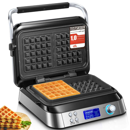 FOHERE Doppelwaffeleisen Belgisch - 1600W, 5 Programme. Quadratisches Waffeleisen aus Edelstahl. Backt gleichzeitig zwei dicke belgische Waffeln.