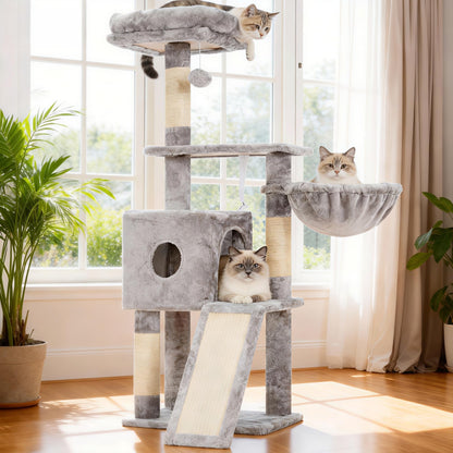 Hey-brother Kratzbaum 108 cm, Katzenbaum mit Kratzsäulen, hellgrau, mehrstöckig mit Katzenhöhle und Pompon