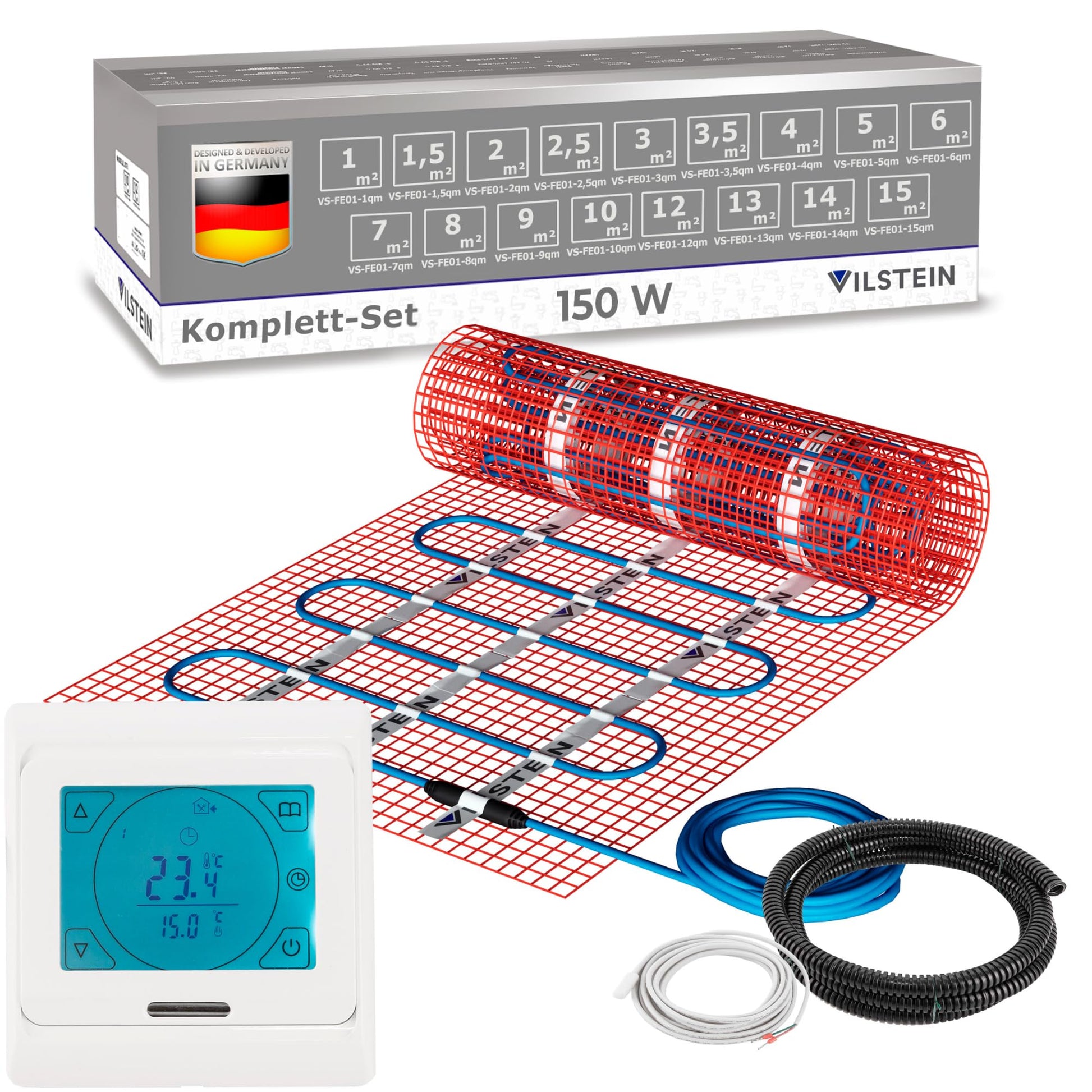 VILSTEIN Elektrische Fussbodenheizung 150W/m² 1.5qm. Grüne Heizmatte mit Heizleitern zur Beheizung von Böden unter Belag.