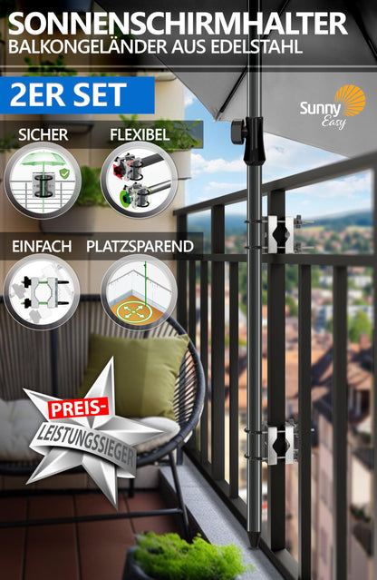 4smile SunnyEasy Edelstahl Sonnenschirmhalter Balkongeländer 2er-Set