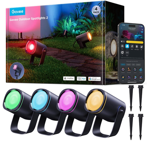 Govee Outdoor LED Strahler RGBWIC - Smart Gartenbeleuchtung 4er-Pack. Kompakte, farbwechselnde LED-Strahler zur smarten Gartenbeleuchtung.