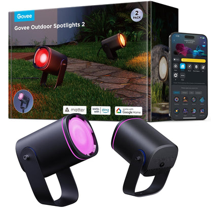 Govee Outdoor LED Strahler IP67 RGBWIC Gartenbeleuchtung - 2er Pack: Zwei robuste LED-Strahler für variable RGBWIC-Gartenbeleuchtung.
