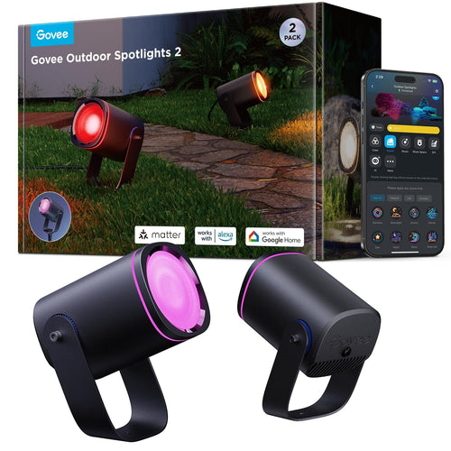 Govee Outdoor LED Strahler IP67 RGBWIC Gartenbeleuchtung - 2er Pack: Zwei robuste LED-Strahler für variable RGBWIC-Gartenbeleuchtung.