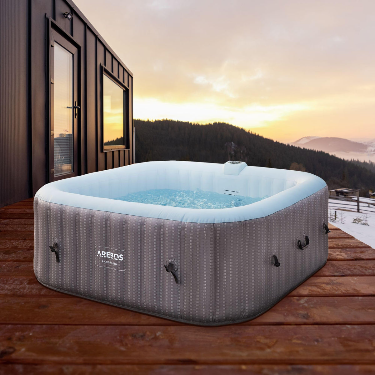 Arebos Spa Whirlpool Aufblasbar - 6 Personen In-Outdoor. Runder, grauer, aufblasbarer Whirlpool für 6 Personen zur Entspannung drinnen & draußen.