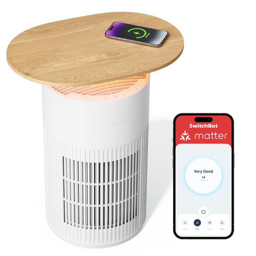 SwitchBot Luftreiniger CADR 400m³/h mit App-Steuerung, weißes Gerät. Reinigt Raumluft von Feinstaub, Allergenen.