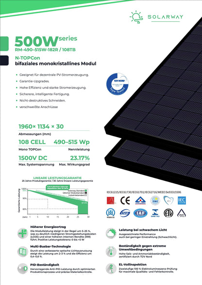 Solarway 500W Solarpanel Full Black bifazial Glas/Glas PV-Modul
