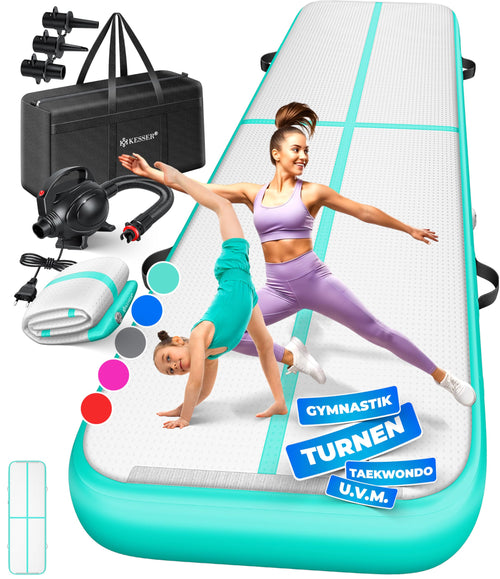 KESSER® Airtrack Turnmatte aufblasbar – Mint Grün 300x100x10 cm. Rechteckige, mintgrüne Matte für Dämpfung bei Sprüngen.