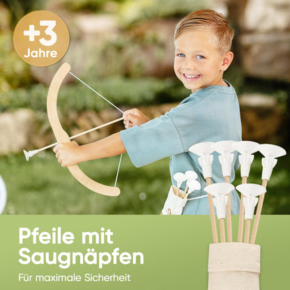 BOWRILLA Pfeil und Bogen Set für Kinder, Holz, mit 6 Saugnapf-Pfeilen