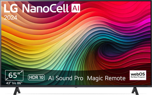 LG 65NANO81T6A NanoCell 4K Fernseher 65 Zoll (2024): Schwarzer, rechteckiger Smart-TV mit NanoCell-Display für hochauflösendes Heimkino.