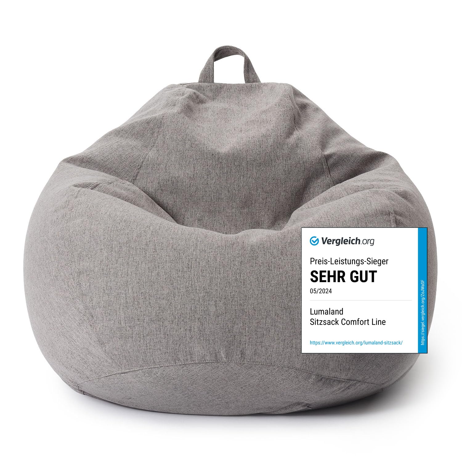 Lumaland Comfort Line Sitzsack 185L, 80x90x50cm - Hellgrau. Voluminöser, hellgrauer Sitzsack zum bequemen Entspannen und flexiblen Sitzen im Wohnbereich.