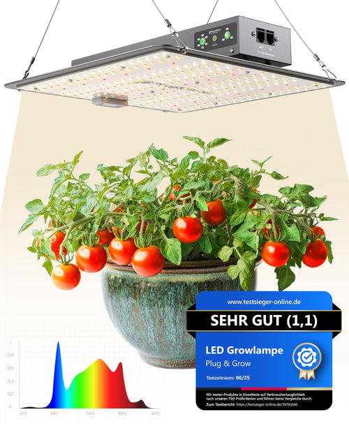 Plug & Grow LED Pflanzenlampe Vollspektrum mit Timer - 120W, rechteckig, schwarz. Beleuchtet Pflanzen indoor mit Timerfunktion.