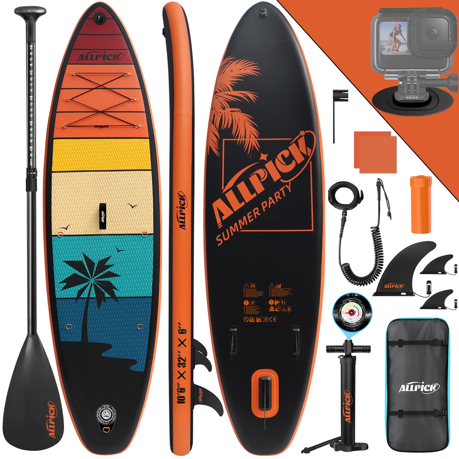 ALLPICK Premium SUP Board Set Aufblasbar - OrangeAbendröte: Langes, orangefarbenes aufblasbares SUP-Board zum Wassersport.