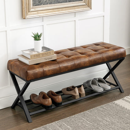 LUE BONA 113cm Schuhbank Sitzbank Flur - Gelblich Braun. Flurbank zur Schuhaufbewahrung und als Sitzgelegenheit.