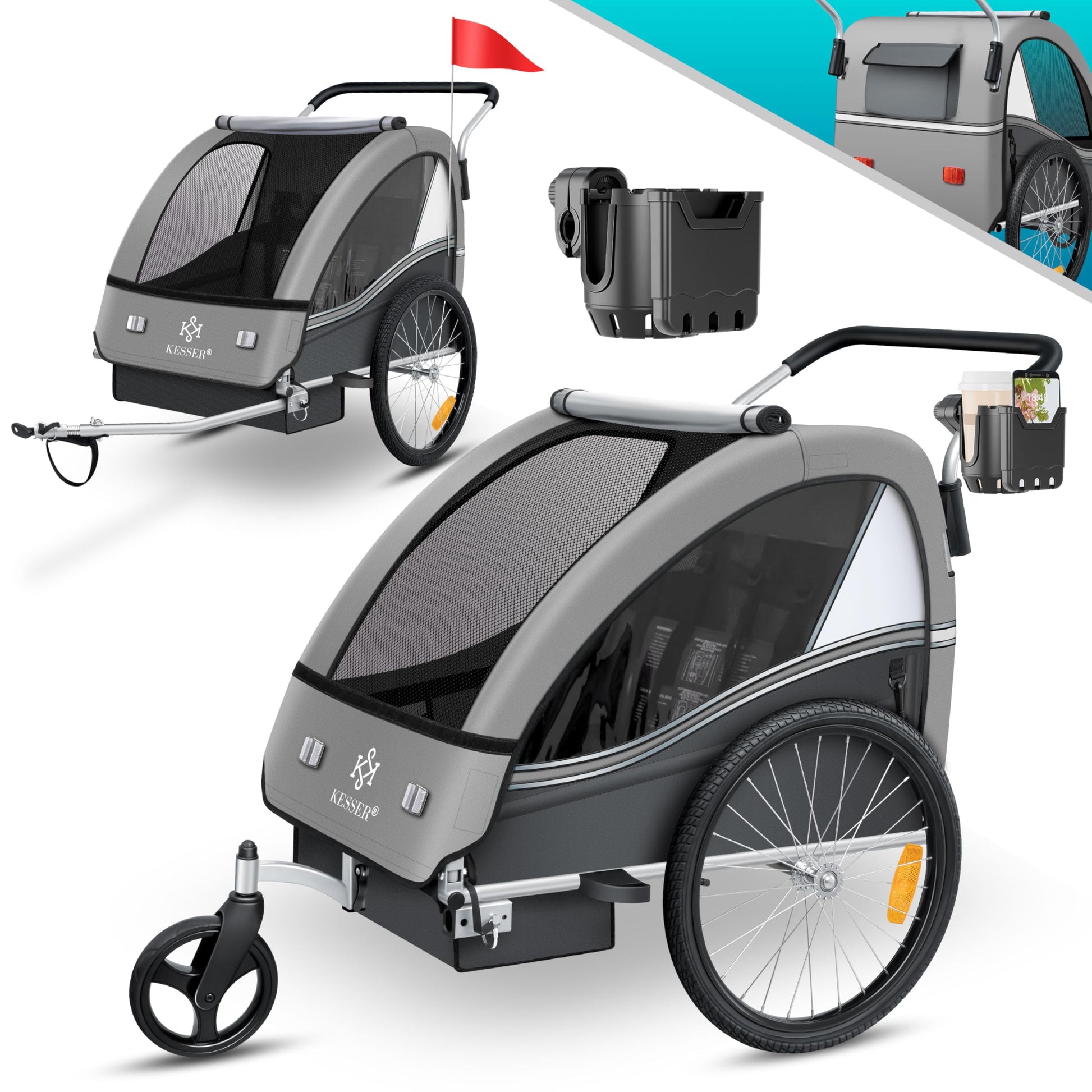 KESSER® Sport-RX 2in1 Kinderfahrradanhänger. Vielseitiger Fahrzeuganhänger mit Jogger-Set für 1-2 Kinder zum Transport.