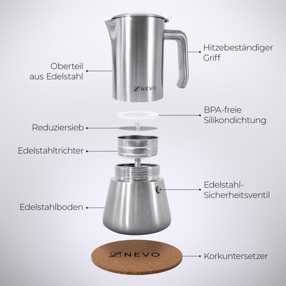 NEVO Espressokocher Induktion aus Edelstahl, 6 Tassen (300 ml)