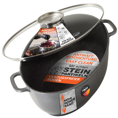 STONELINE Gourmet Bräter mit Deckel Induktion Oval 39x26 cm, 8,5 L. Das ovale Kochgeschirr dient zum Braten und Schmoren auf Induktionsherden.