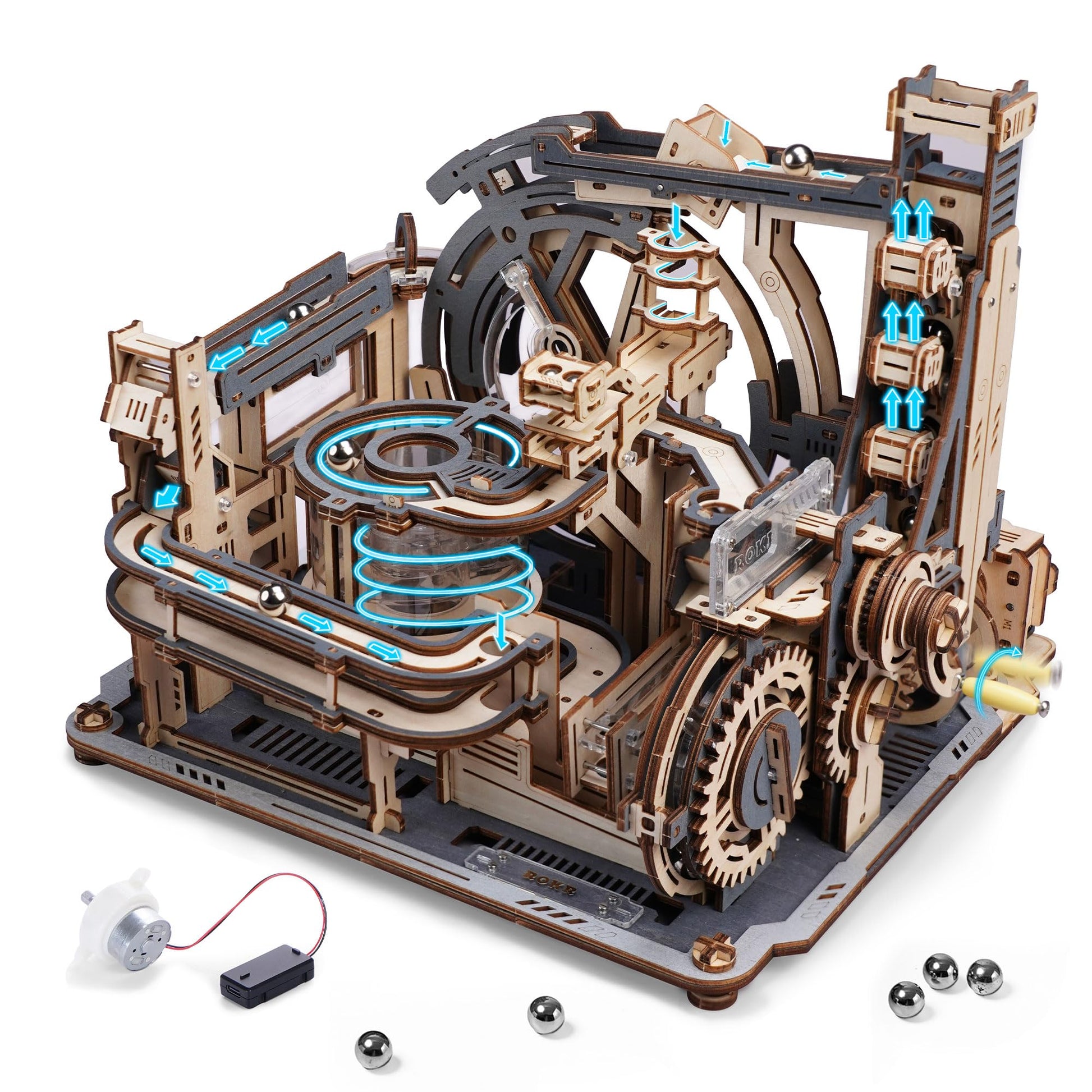 ROKR Marble Spaceport elektrische Kugelbahn 3D Puzzle - Night City 2.0 LGC01: Mehrstöckige Holzkonstruktion, transportiert Marmorkugeln elektrisch durch ein Schienensystem.
