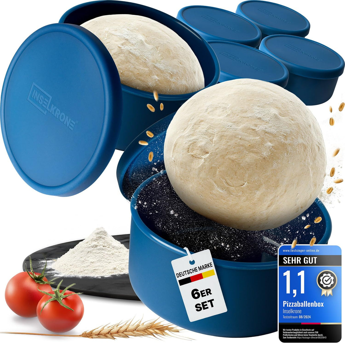 Inselkrone Pizzaballenbox mit Deckel, 6er Set, Silikon, blau, Ø 14 cm – stapelbare Teigboxen mit atmungsaktivem Deckel