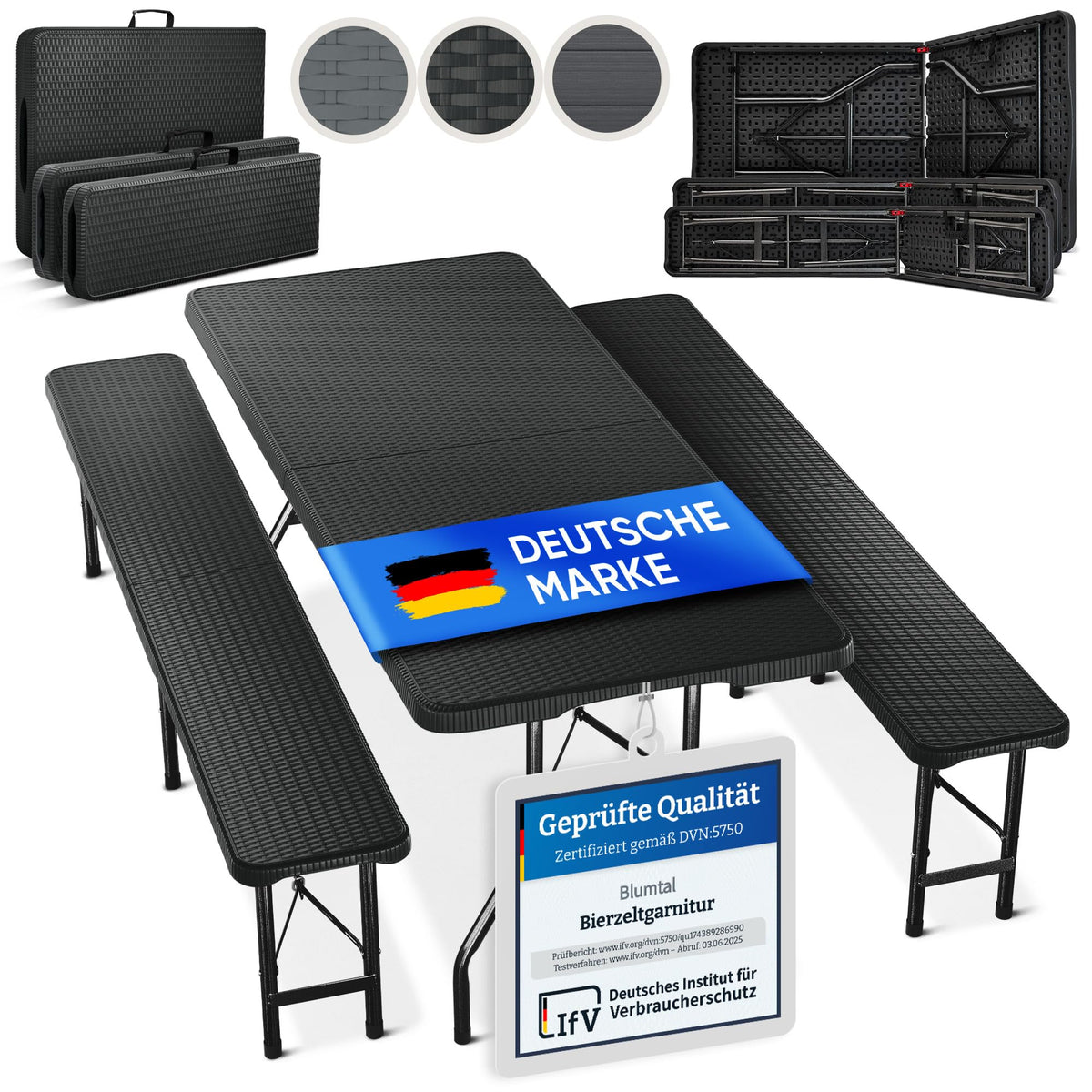 Blumtal Bierzeltgarnitur 3er Set klappbar, Rattan-Optik, schwarz – Tisch und zwei Bänke für 8 Personen